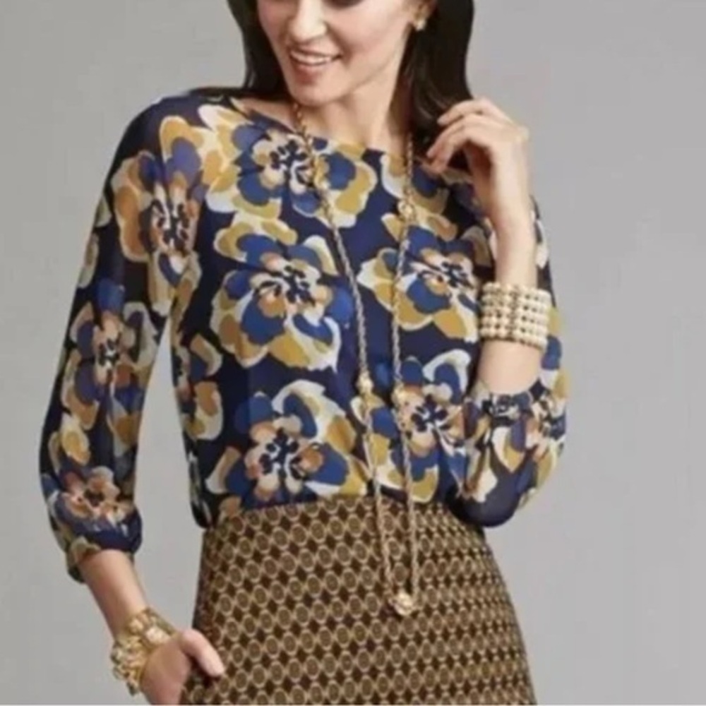 CAbi Lydia Floral Sheer Blouse - Navy and Mustard